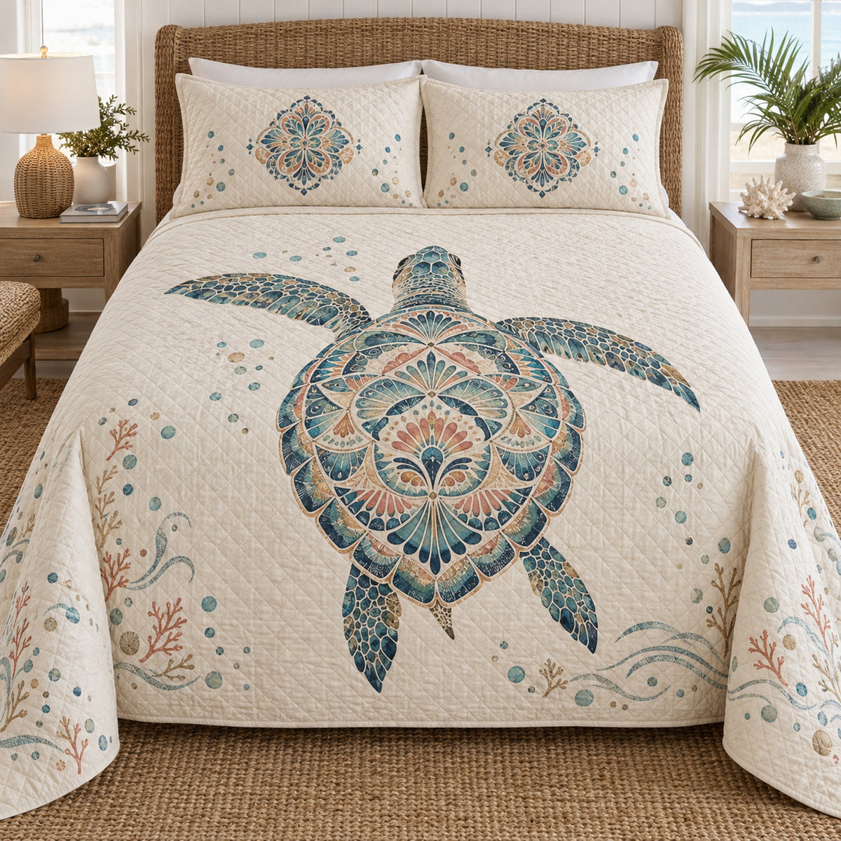 Mandala sea turtle quilt set front hero view