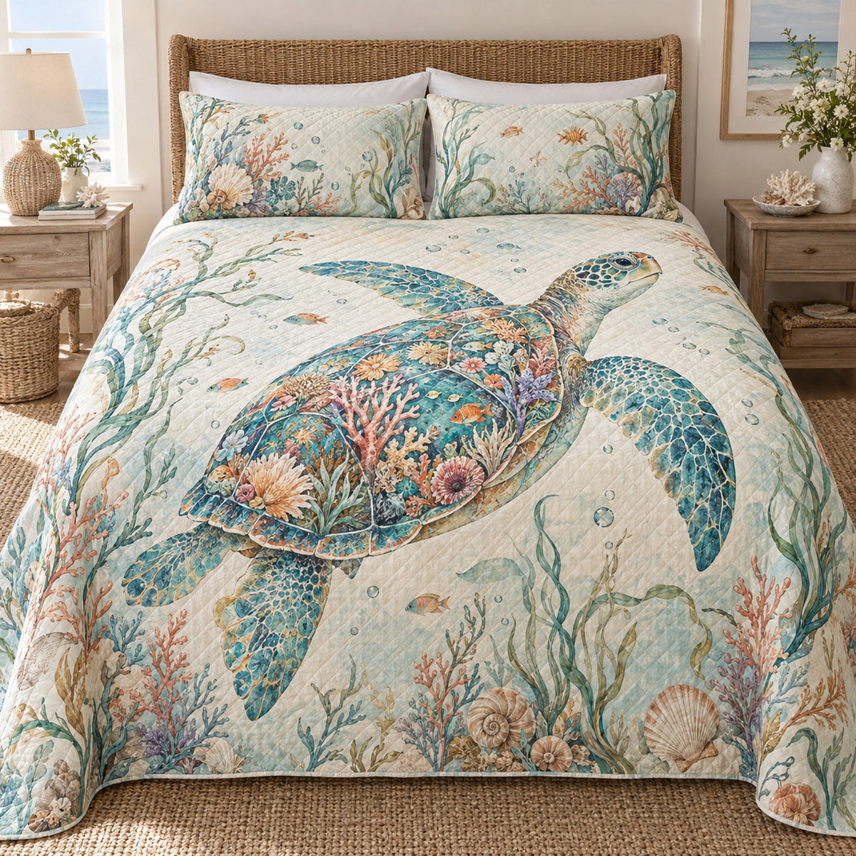 Ocean garden sea turtle quilt set front view