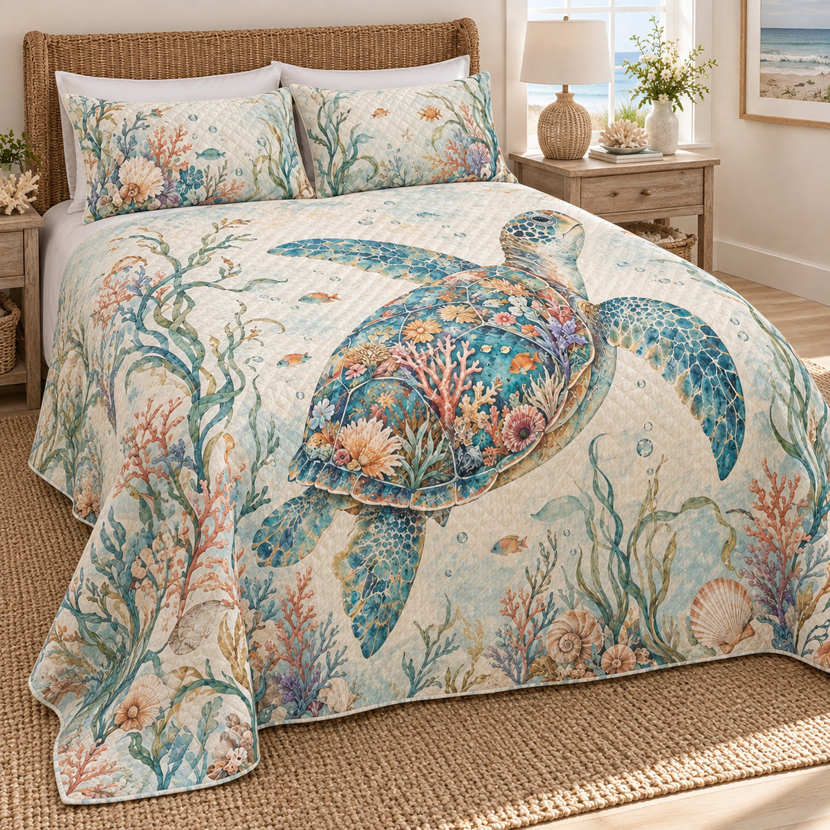 Ocean garden sea turtle quilt set left view
