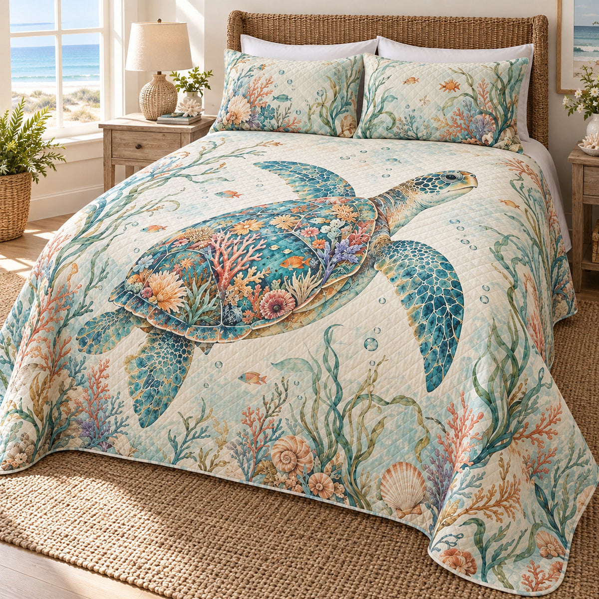 Ocean garden sea turtle quilt set right view