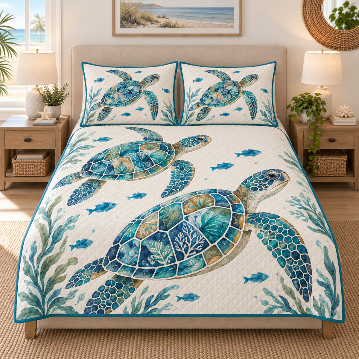 Sea Turtle Ocean quilt design with coordinating pillow shams