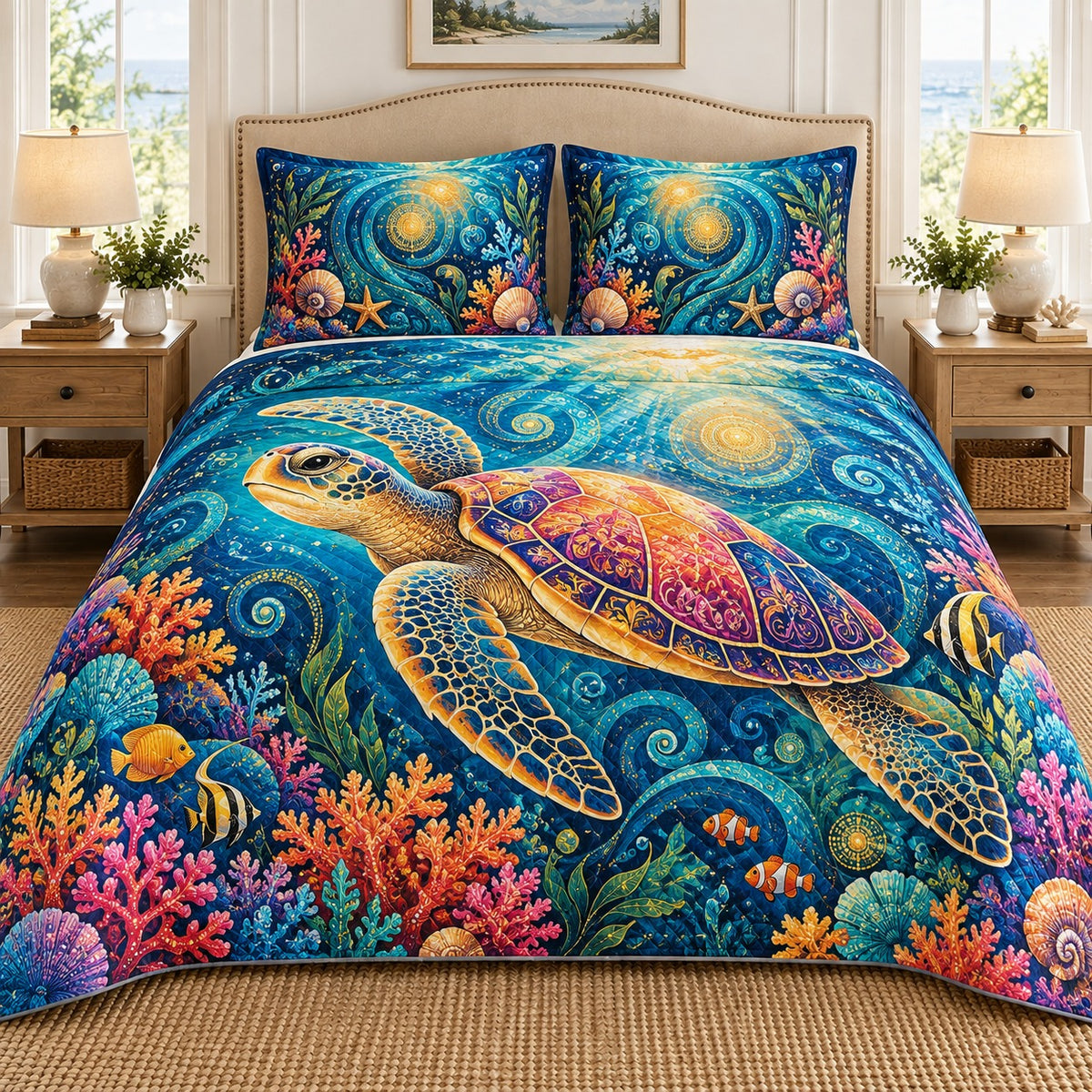 Colorful sea turtle coral reef quilt set, view 1, AI-generated product mockup