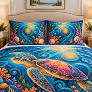 Colorful sea turtle coral reef quilt set, view 2, AI-generated product mockup