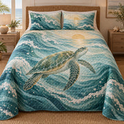 Sea turtle riding ocean currents quilt set front view