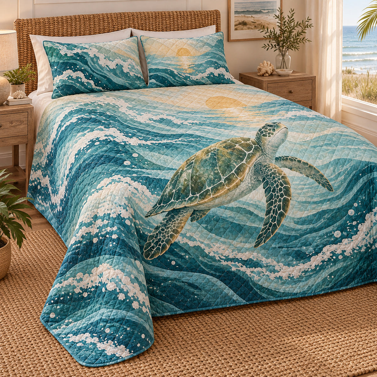 Sea turtle ocean wave quilt set left angle