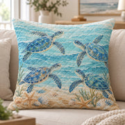 Sea turtle quilted throw pillow on a sofa, AI-generated styled mockup