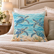 Sea turtle quilted throw pillow on a cream bed, AI-generated styled mockup