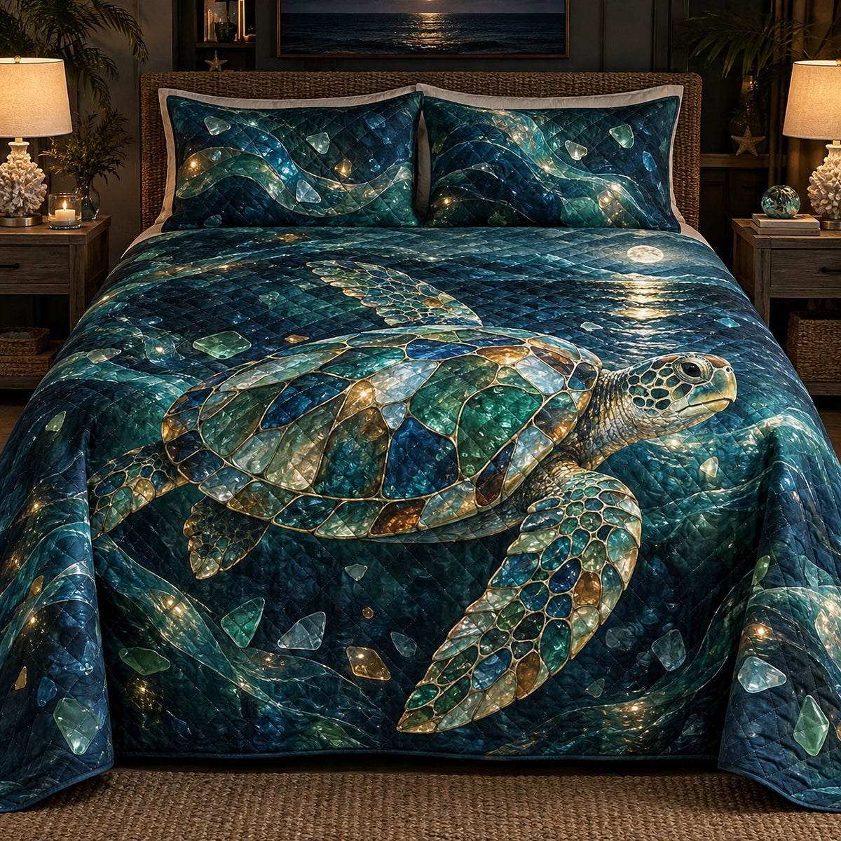 Sea glass turtle quilt set front view