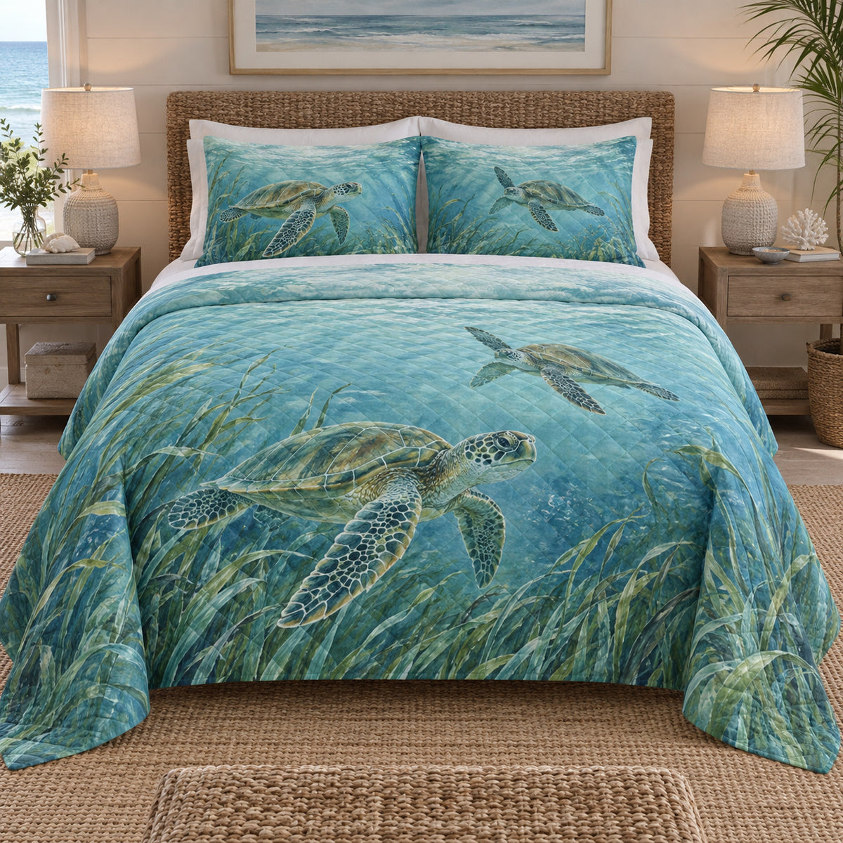 Seagrass Sea Turtle Quilt Set front view