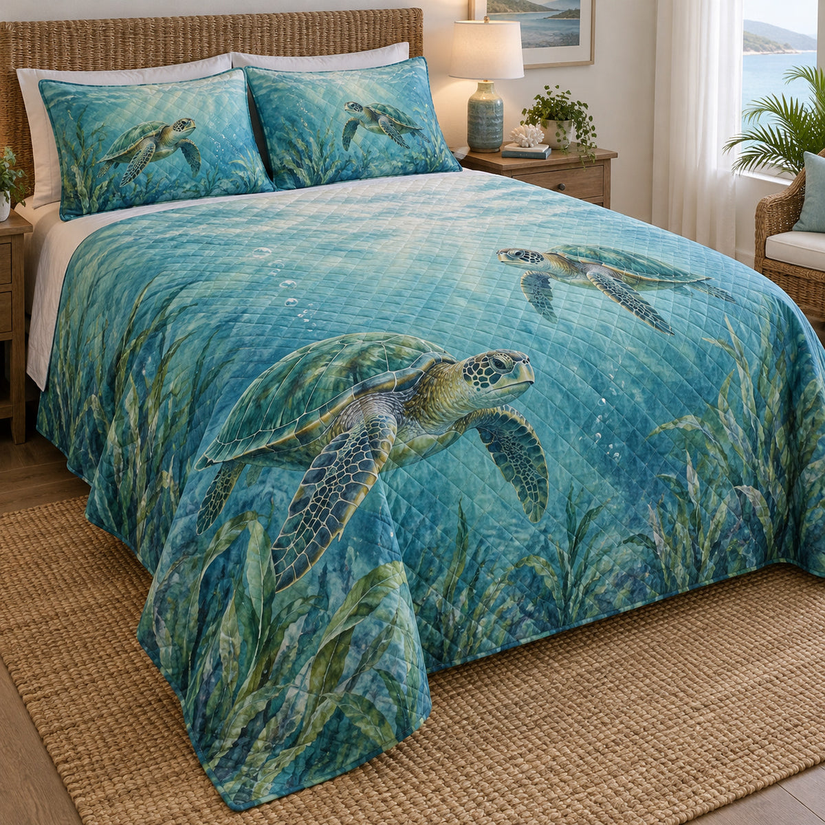 Seagrass Sea Turtle Quilt Set left angle
