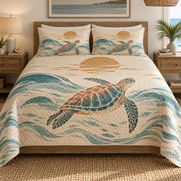 Sunline Sea Turtle Quilt Set – Minimal Coastal Bedding Gift for Ocean Lovers