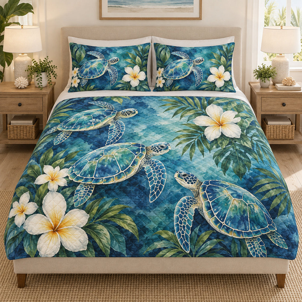 Sea Turtle Tropical Floral quilt design with coordinating pillow shams