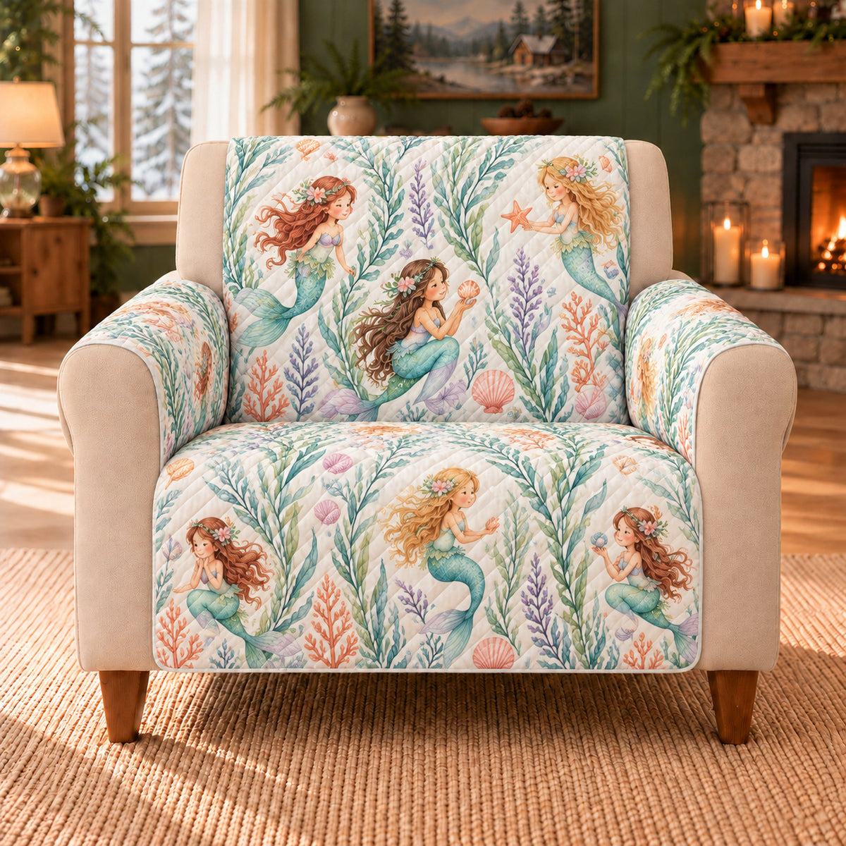 Seagrass Mermaid Repeat sofa cover on a beige armchair