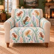 Seagrass Mermaid Repeat sofa cover on a beige armchair