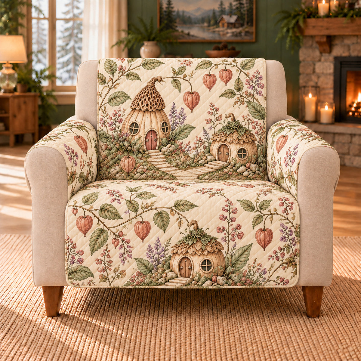 Seedpod Cottage Trail sofa cover on a beige armchair