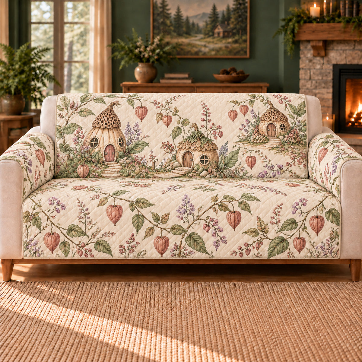 Seedpod Cottage Trail sofa cover on a beige sofa