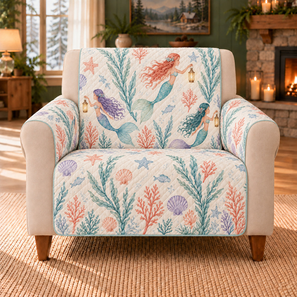 Shell Lantern Drift sofa cover on a beige armchair