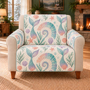 Shell Stair Mosaic sofa cover on a beige armchair