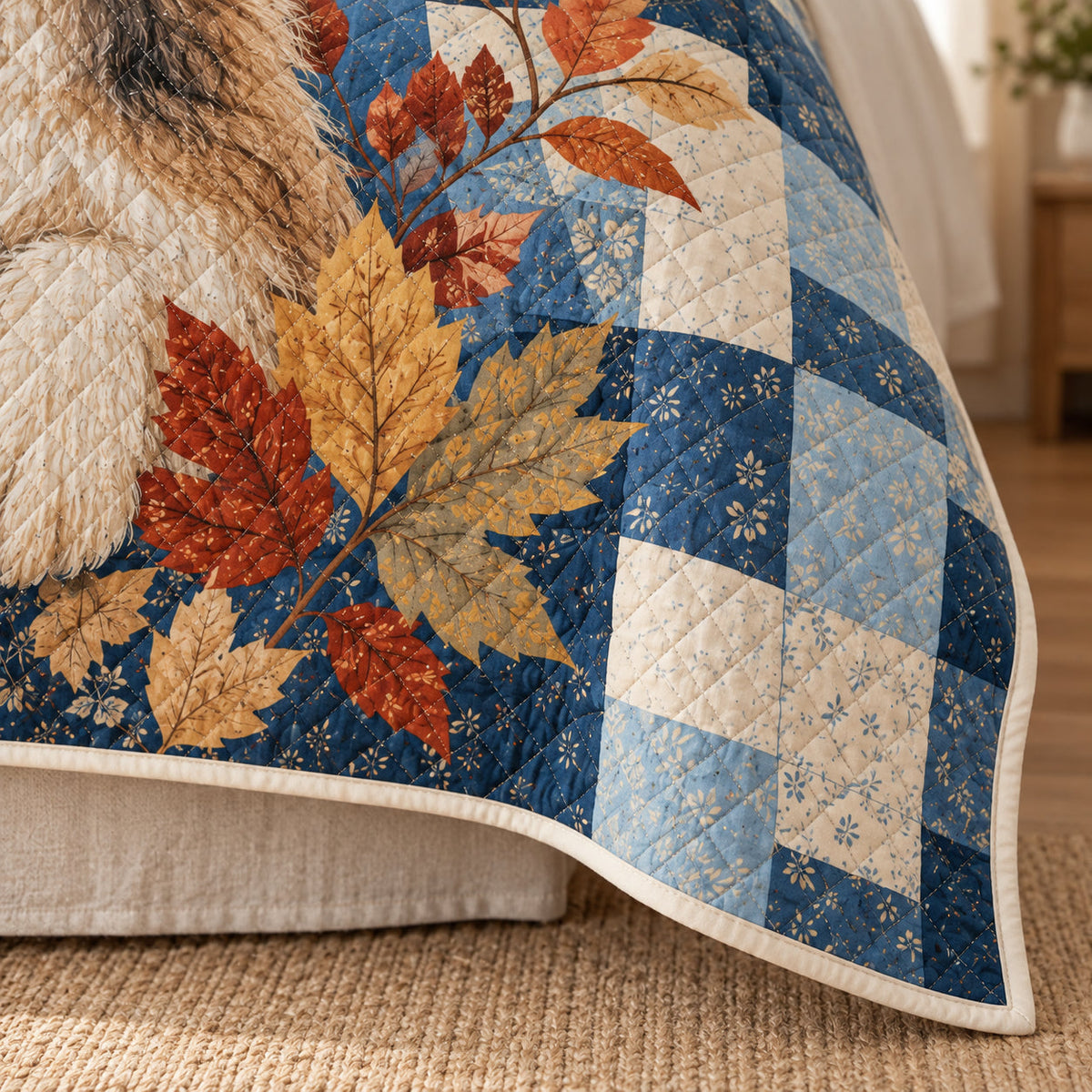 Cream binding and diamond stitching detail on blue Shih Tzu autumn patchwork quilt