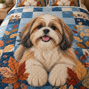 Close-up of Shih Tzu artwork and diamond stitching on blue autumn patchwork quilt