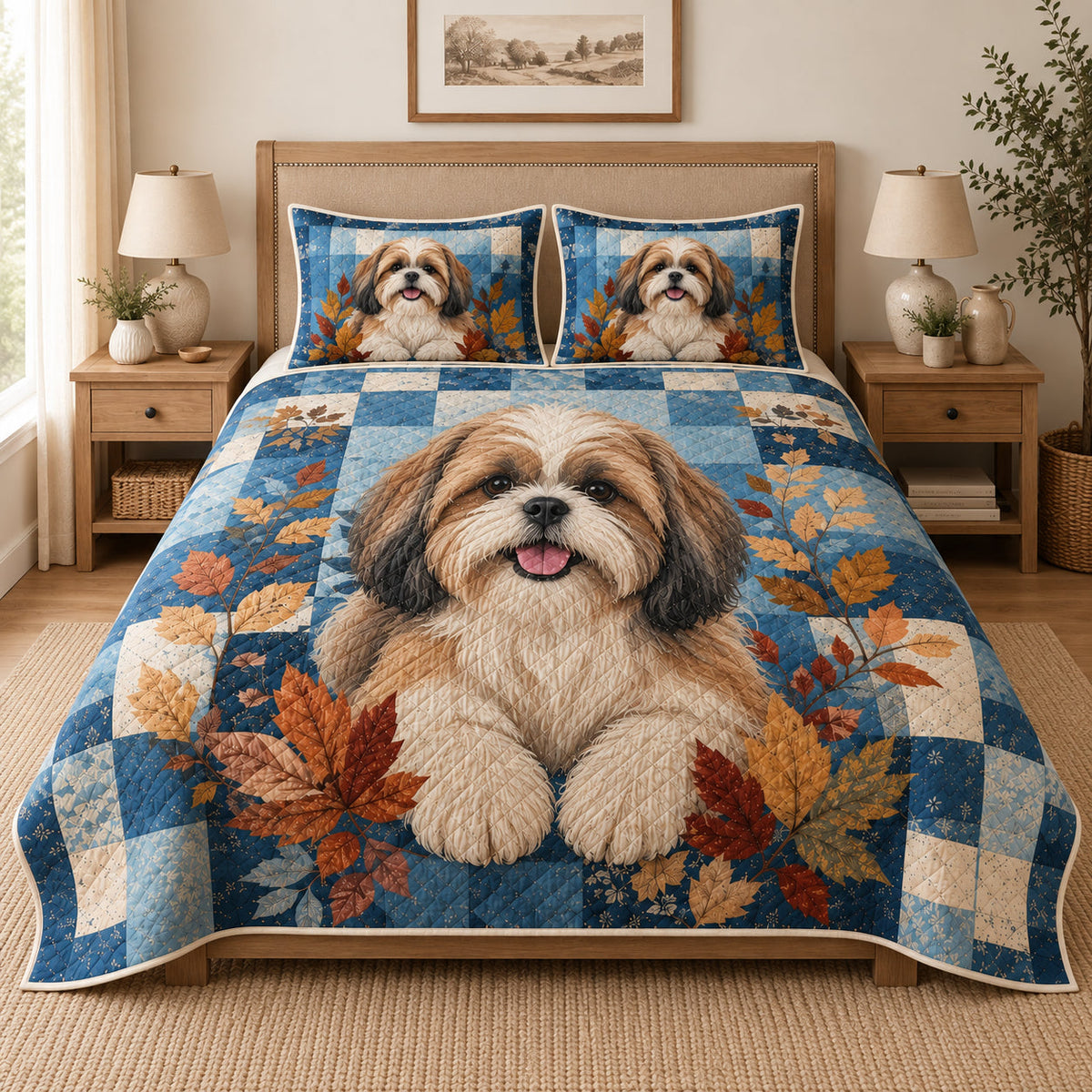 Shih Tzu autumn patchwork quilt set, centered front coverage view