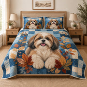 Shih Tzu autumn patchwork quilt set, centered front coverage view