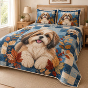 Shih Tzu autumn patchwork quilt set in a warm bedroom, right side drape view
