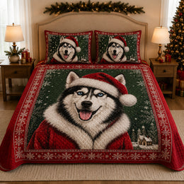 Siberian Husky Santa Christmas Quilt Set