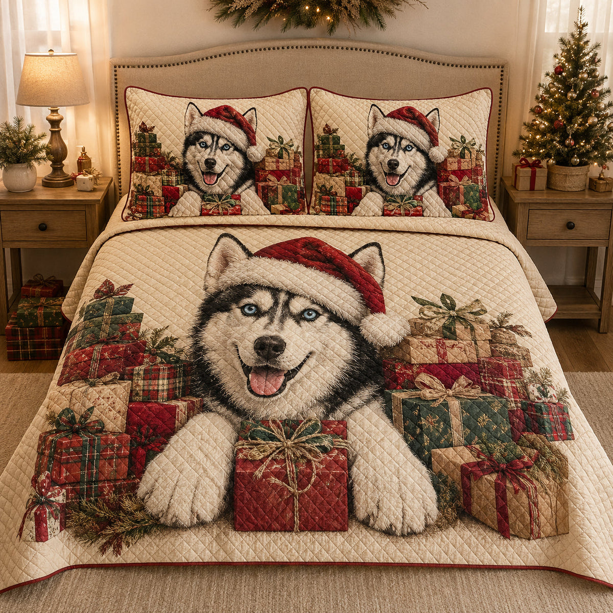 Siberian Husky Christmas Gifts quilt design with coordinating pillow shams