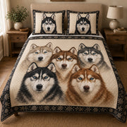 Siberian Husky Winter quilt design with coordinating pillow shams