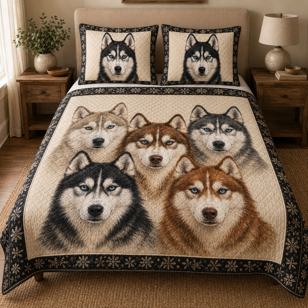 Siberian Husky Winter quilt design with coordinating pillow shams