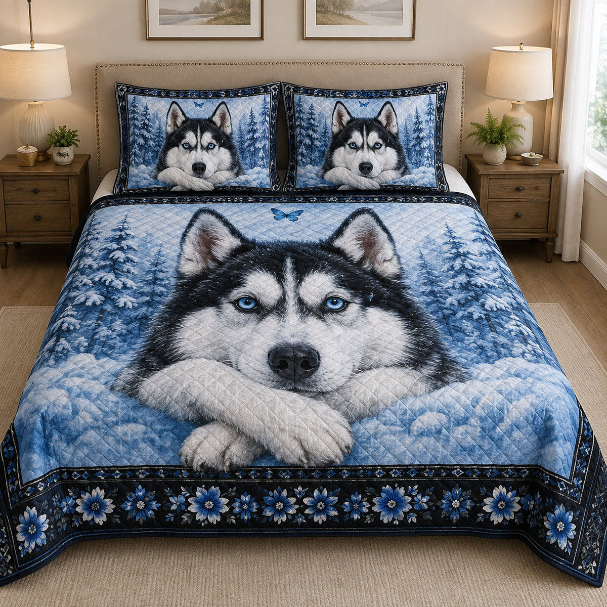 Siberian Husky Blue Snow Winter quilt design with coordinating pillow shams