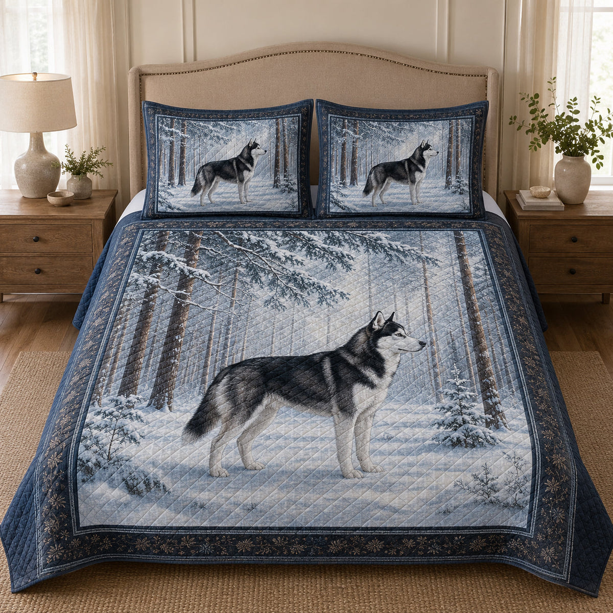 Siberian Husky Snowy Forest Winter quilt design with coordinating pillow shams