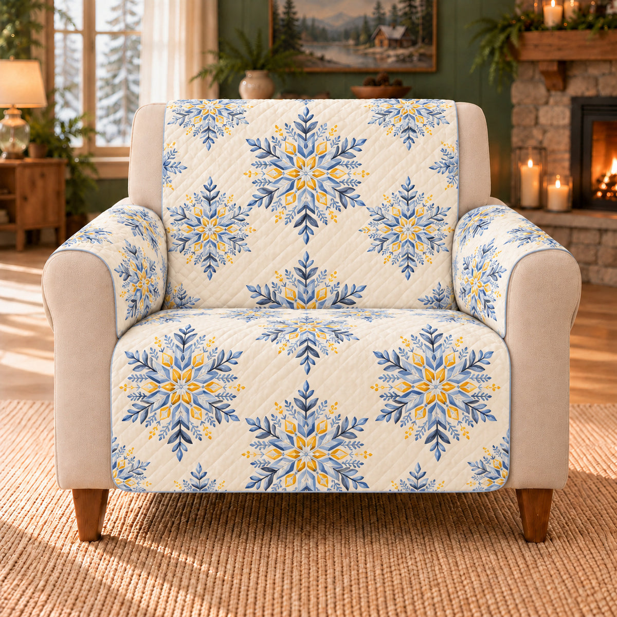 Sixfold Snow Mosaic sofa cover on a beige armchair