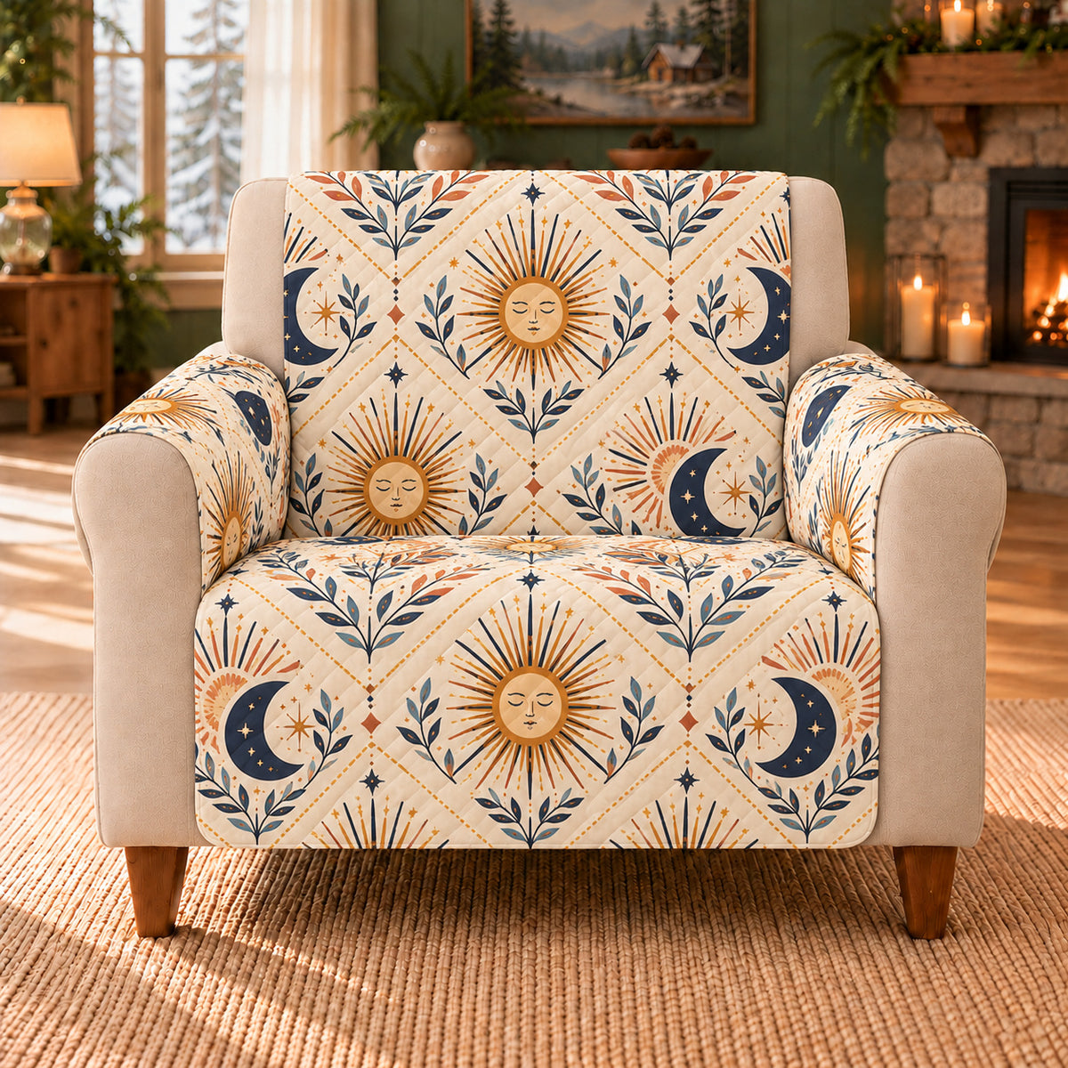 Sky Emblem Herringbone sofa cover on a beige armchair