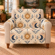 Sky Emblem Herringbone sofa cover on a beige armchair