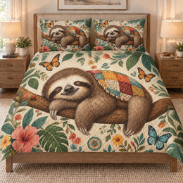 Sleeping Sloth Butterfly Floral Quilt Set