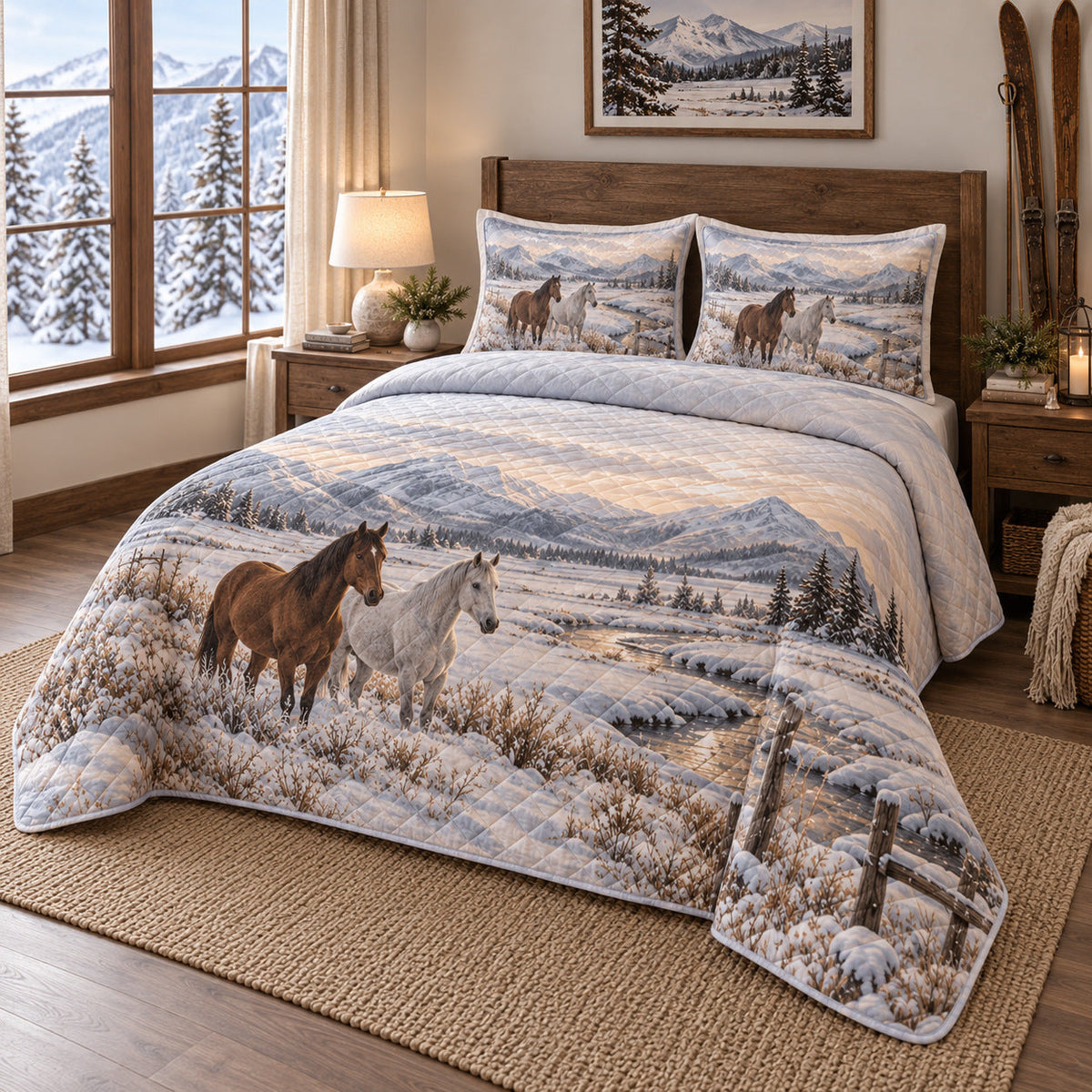 Snowfield Horses Horse Open Landscape Quilt Set, angled horse open landscape bedroom view