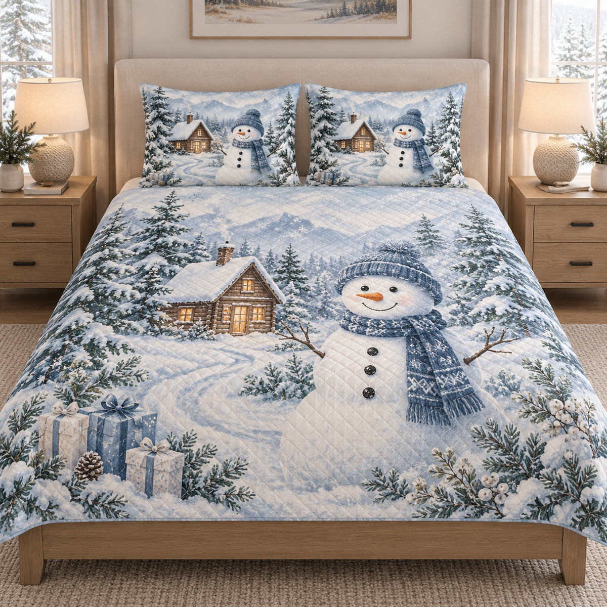 Snowman Cabin Winter Christmas quilt set displayed on a bed with coordinating pillow shams