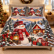 AI mockup, front view of a Christmas snowman and winter cabin quilt set with two matching pillow covers.