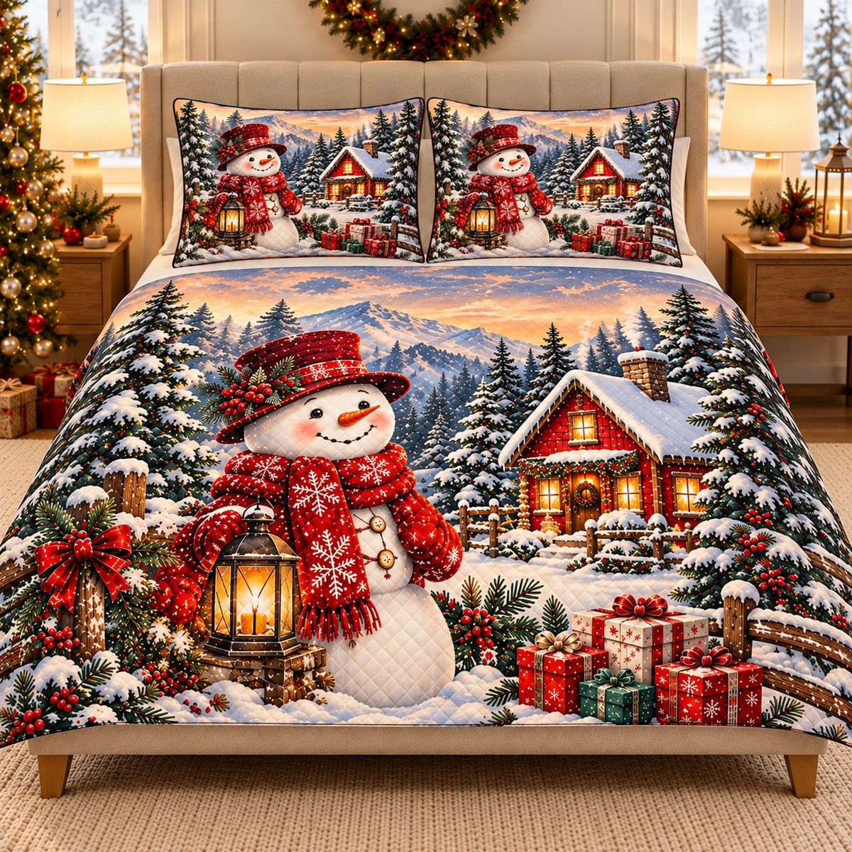 AI mockup, front view of a Christmas snowman and winter cabin quilt set with two matching pillow covers.