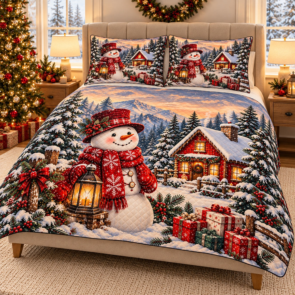 AI mockup, left angle view of the snowman and winter cabin quilt set on a beige upholstered bed.