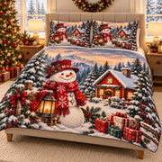 AI mockup, left angle view of the snowman and winter cabin quilt set on a beige upholstered bed.