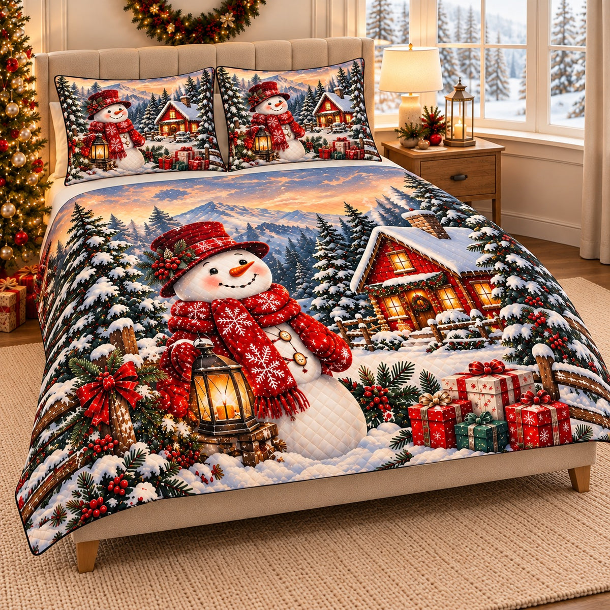 AI mockup, right angle view of the Christmas snowman quilt set in the same festive bedroom.
