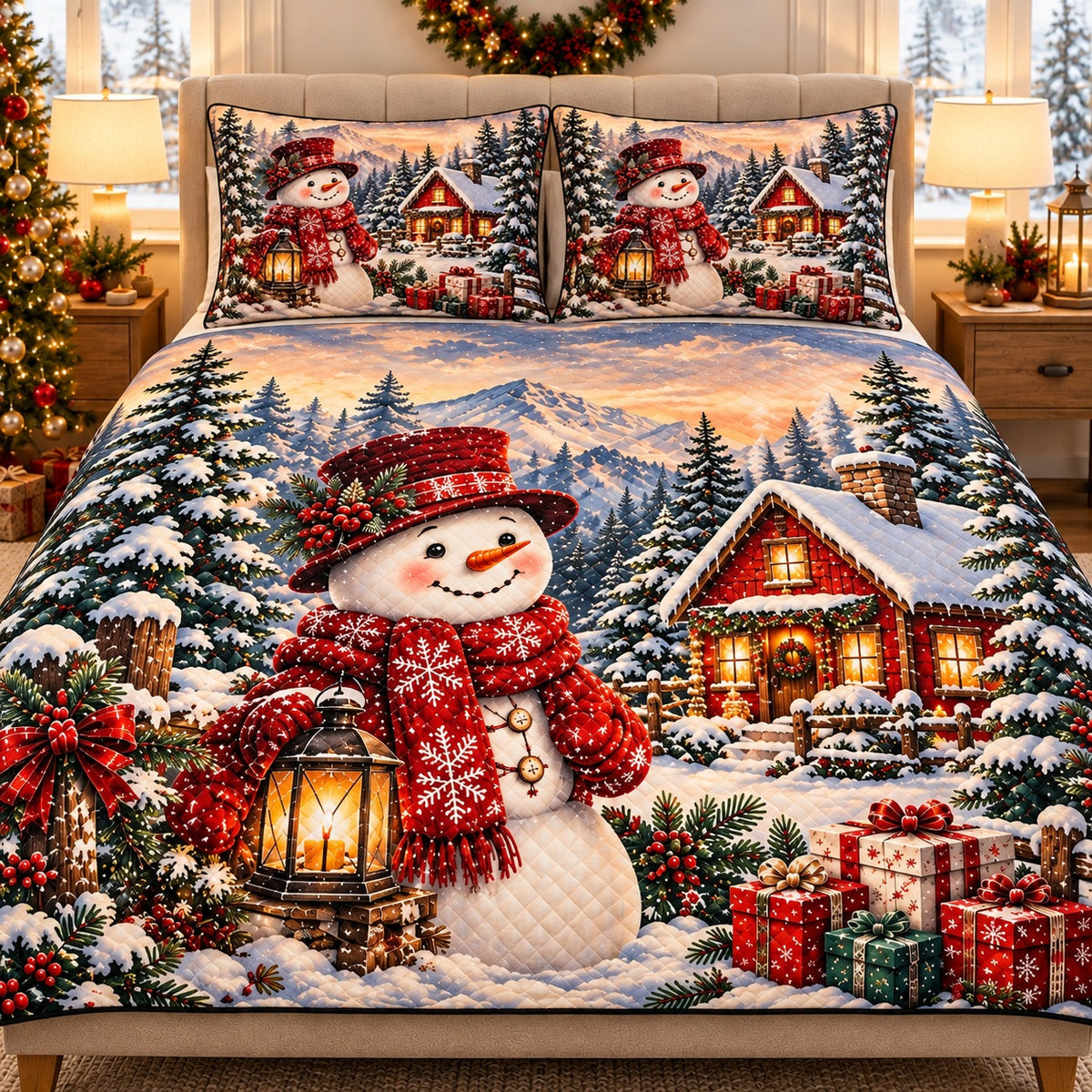 AI mockup, close-up of the snowman, glowing lantern and red cabin print with diamond quilting.