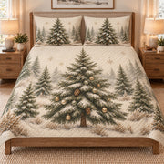 Snowy Christmas Tree Forest quilt set displayed on a bed with coordinating pillow shams