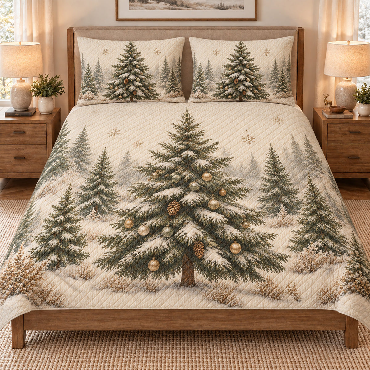 Snowy Christmas Tree Forest quilt set displayed on a bed with coordinating pillow shams
