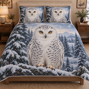 Snowy Owl Winter Forest Quilt Set: bedroom mockup showing the quilt design and coordinating pillow shams