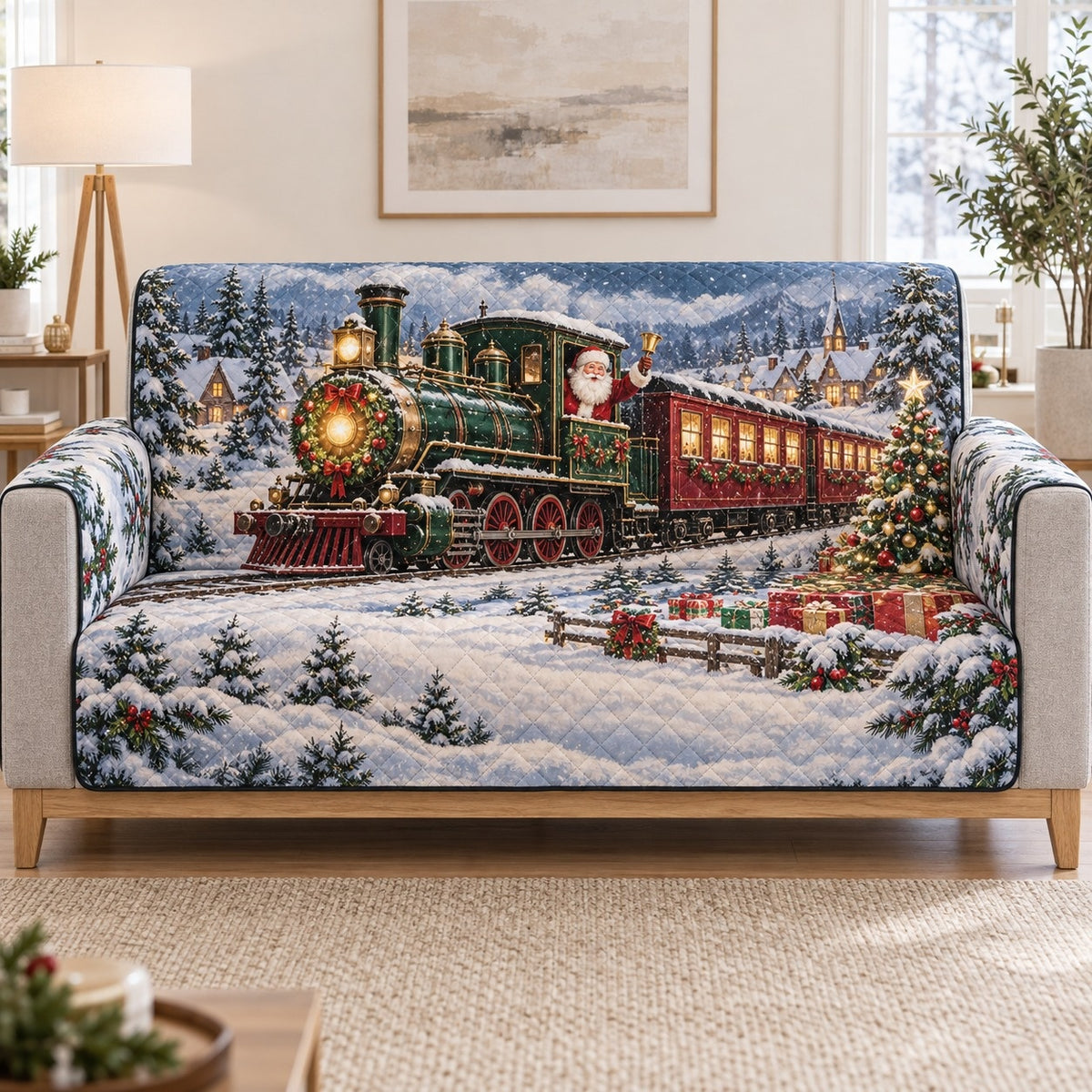 Santa Christmas Train Sofa Cover, long sofa view