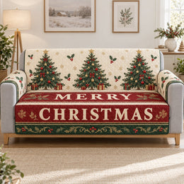Merry Christmas Trees Sofa Cover, Red and Gold Holiday Decor, Gift for Christmas Lovers